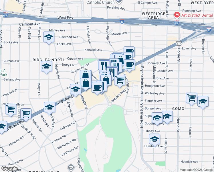 map of restaurants, bars, coffee shops, grocery stores, and more near in Fort Worth