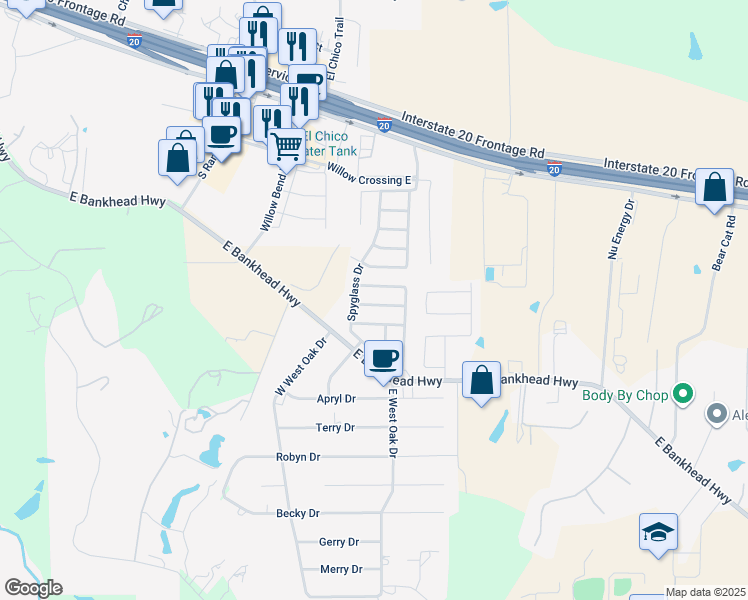 map of restaurants, bars, coffee shops, grocery stores, and more near 124 Castlepines Drive in Willow Park