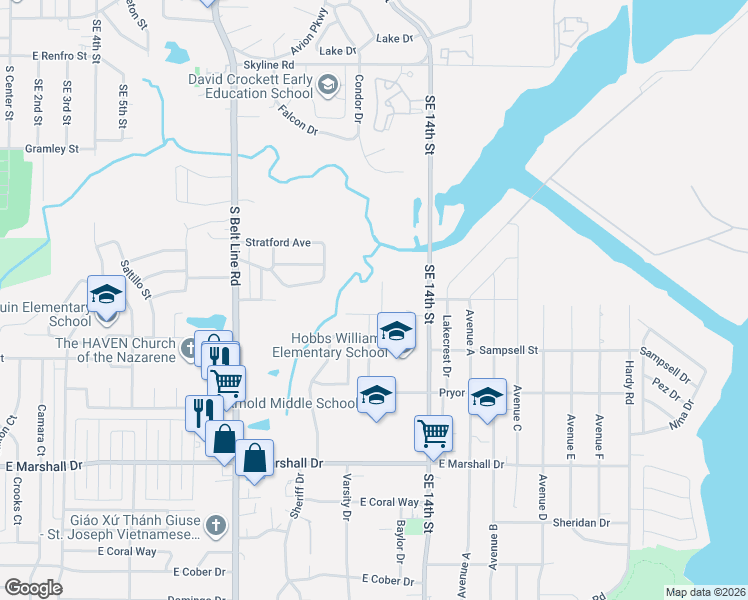 map of restaurants, bars, coffee shops, grocery stores, and more near 1 Southeast 14th Street in Grand Prairie
