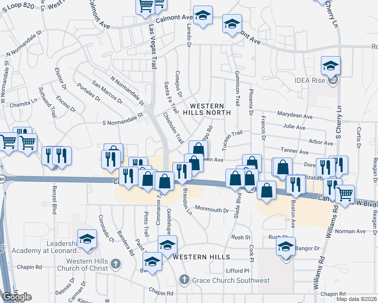 map of restaurants, bars, coffee shops, grocery stores, and more near 3215 Cortez Drive in Fort Worth