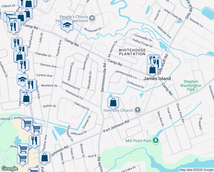 map of restaurants, bars, coffee shops, grocery stores, and more near 1073 Honeysuckle Lane in Charleston