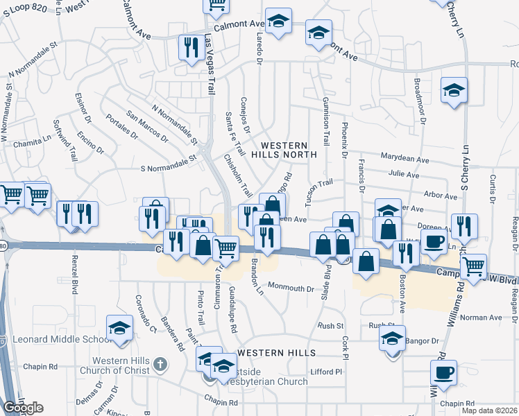map of restaurants, bars, coffee shops, grocery stores, and more near 3215 Cortez Drive in Fort Worth