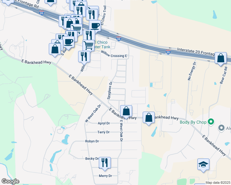 map of restaurants, bars, coffee shops, grocery stores, and more near 130 Muirfield Drive in Willow Park