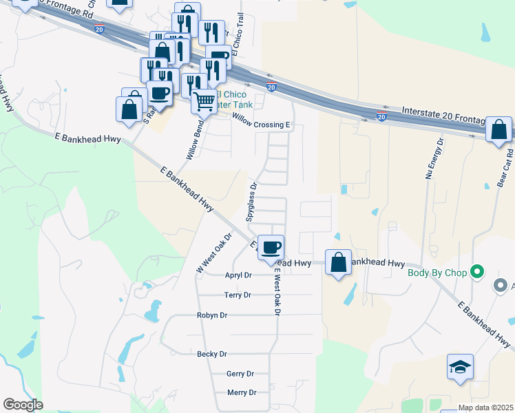 map of restaurants, bars, coffee shops, grocery stores, and more near 132 Castlepines Drive in Willow Park