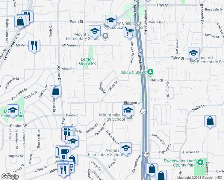 map of restaurants, bars, coffee shops, grocery stores, and more near 8329 Ildica Street in Lemon Grove
