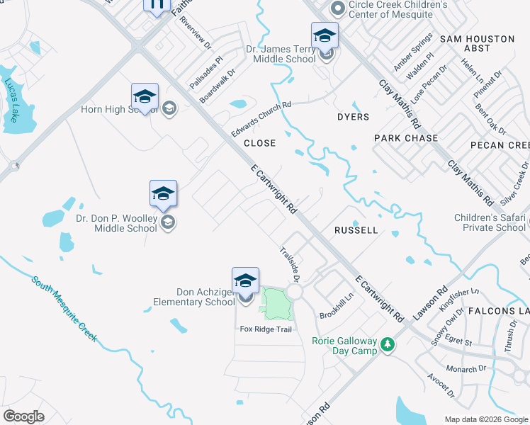 map of restaurants, bars, coffee shops, grocery stores, and more near 101 Holloman Road in Mesquite