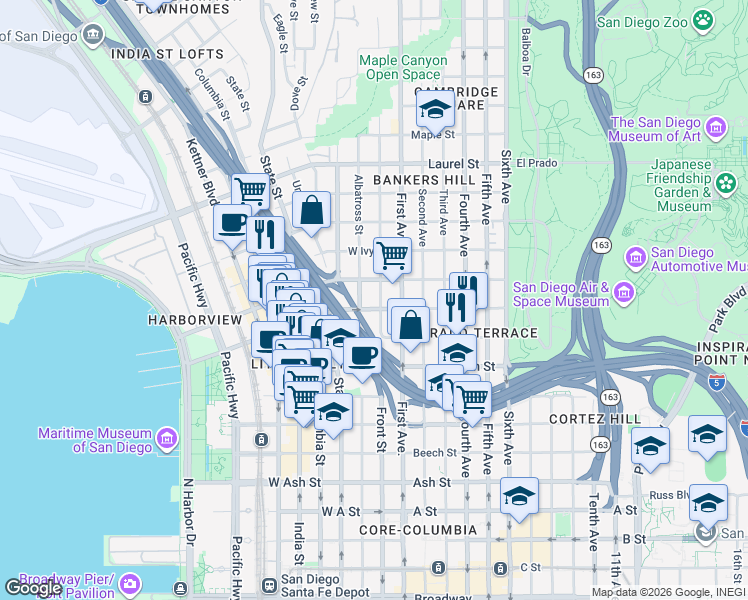 map of restaurants, bars, coffee shops, grocery stores, and more near in San Diego