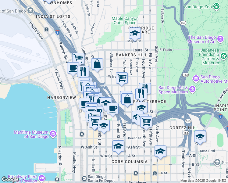 map of restaurants, bars, coffee shops, grocery stores, and more near in San Diego