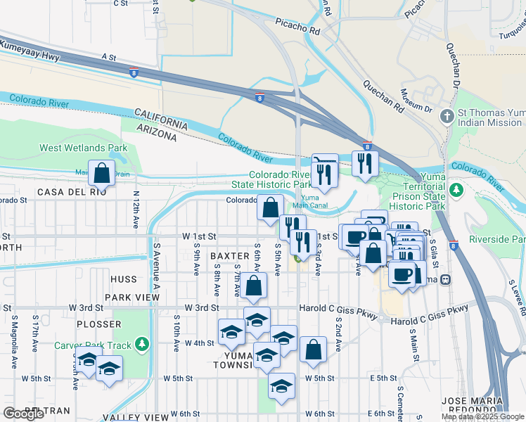 map of restaurants, bars, coffee shops, grocery stores, and more near 163 North 6th Avenue in Yuma