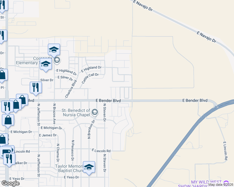 map of restaurants, bars, coffee shops, grocery stores, and more near 2314 North Desert Willow Lane in Hobbs