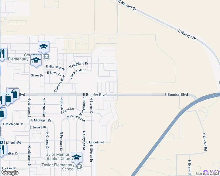 map of restaurants, bars, coffee shops, grocery stores, and more near 2318 North Juniper Lane in Hobbs