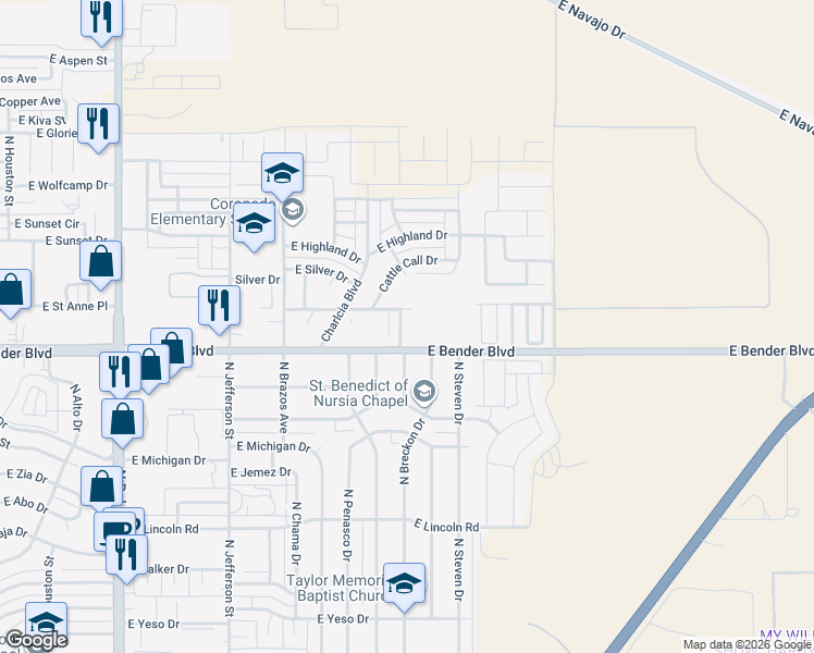 map of restaurants, bars, coffee shops, grocery stores, and more near 1699 Chuckwagon Dr in Hobbs