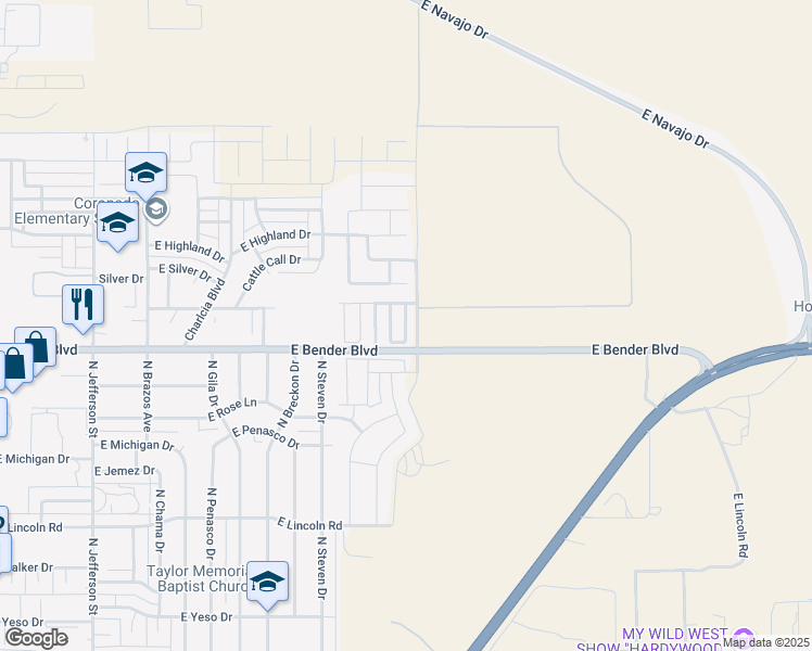 map of restaurants, bars, coffee shops, grocery stores, and more near 2302 North Mulberry Lane in Hobbs