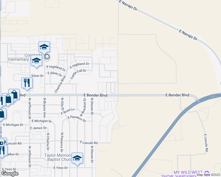 map of restaurants, bars, coffee shops, grocery stores, and more near 2323 North Juniper Lane in Hobbs