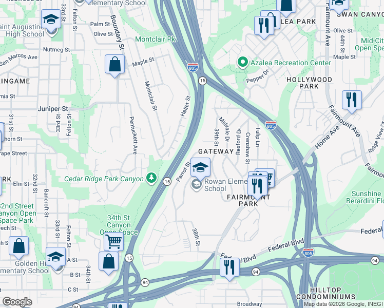 map of restaurants, bars, coffee shops, grocery stores, and more near 1968 Parrot Street in San Diego