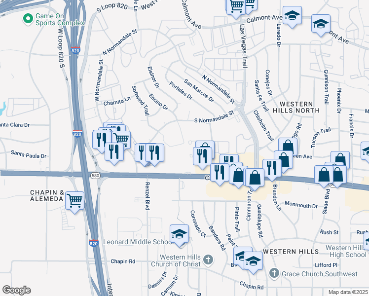 map of restaurants, bars, coffee shops, grocery stores, and more near 8901 South Normandale Street in Fort Worth