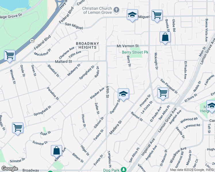map of restaurants, bars, coffee shops, grocery stores, and more near 69th Street & Klauber Avenue in Lemon Grove