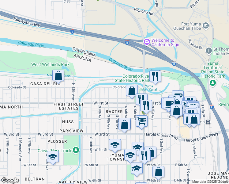 map of restaurants, bars, coffee shops, grocery stores, and more near 701-751 Colorado Street in Yuma