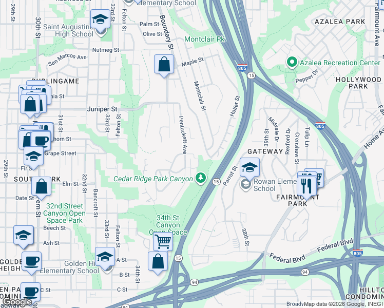 map of restaurants, bars, coffee shops, grocery stores, and more near 2023 Pentuckett Avenue in San Diego