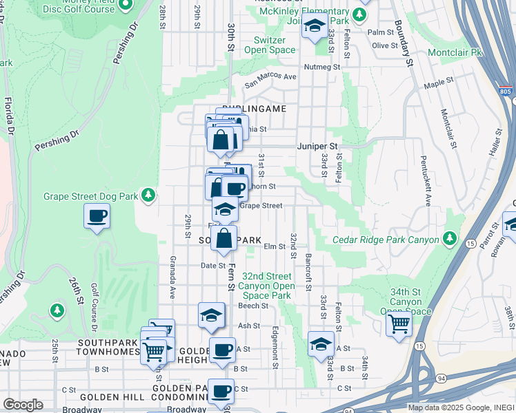 map of restaurants, bars, coffee shops, grocery stores, and more near in San Diego