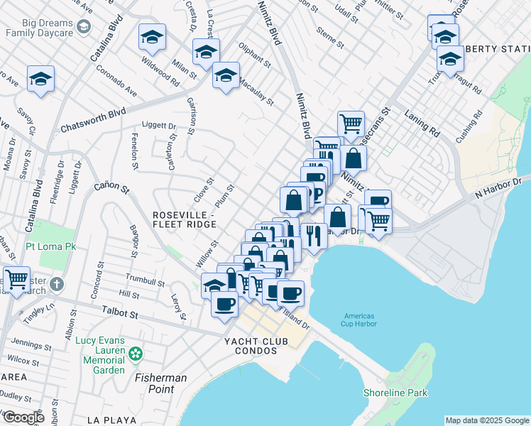 map of restaurants, bars, coffee shops, grocery stores, and more near 3225 Garrison Street in San Diego