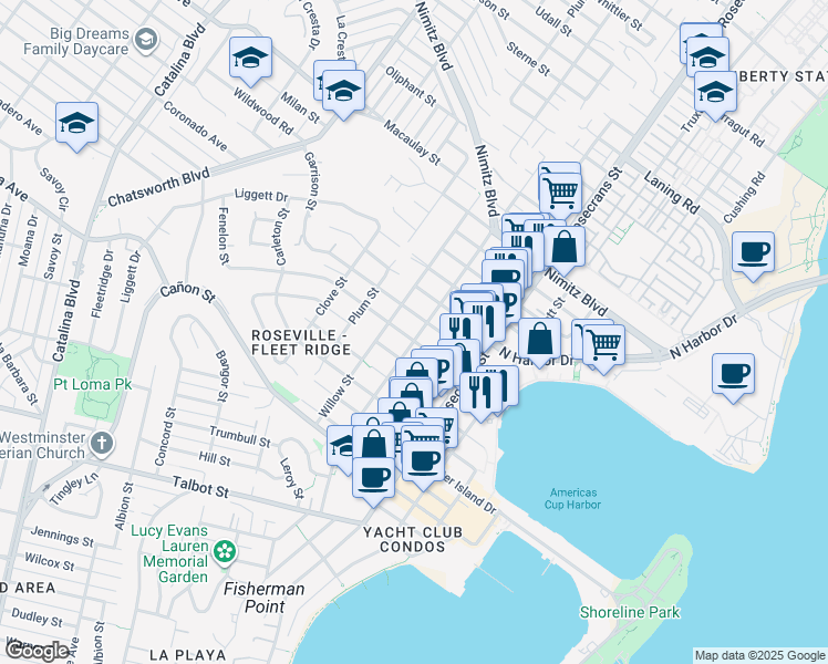 map of restaurants, bars, coffee shops, grocery stores, and more near 3225 Garrison Street in San Diego