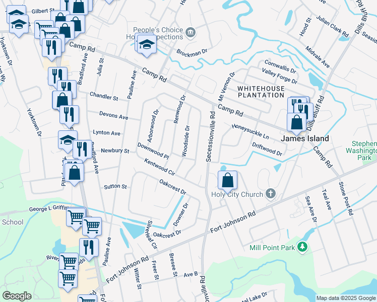 map of restaurants, bars, coffee shops, grocery stores, and more near 1073 Kentwood Circle in Charleston