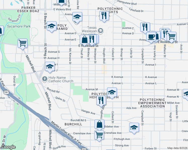 map of restaurants, bars, coffee shops, grocery stores, and more near 3100 Avenue J in Fort Worth
