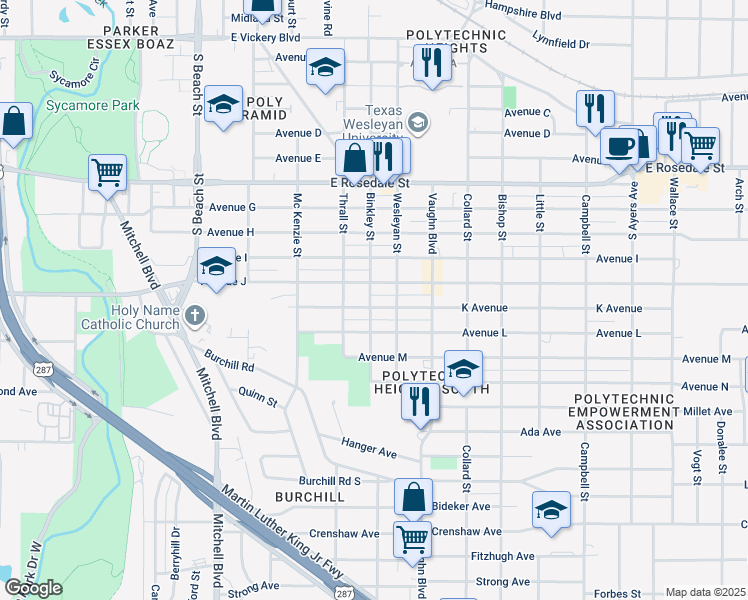 map of restaurants, bars, coffee shops, grocery stores, and more near 2916 Avenue J in Fort Worth
