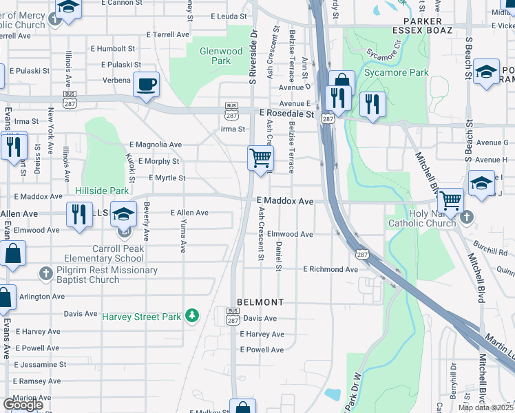 map of restaurants, bars, coffee shops, grocery stores, and more near 1521 South Riverside Drive in Fort Worth