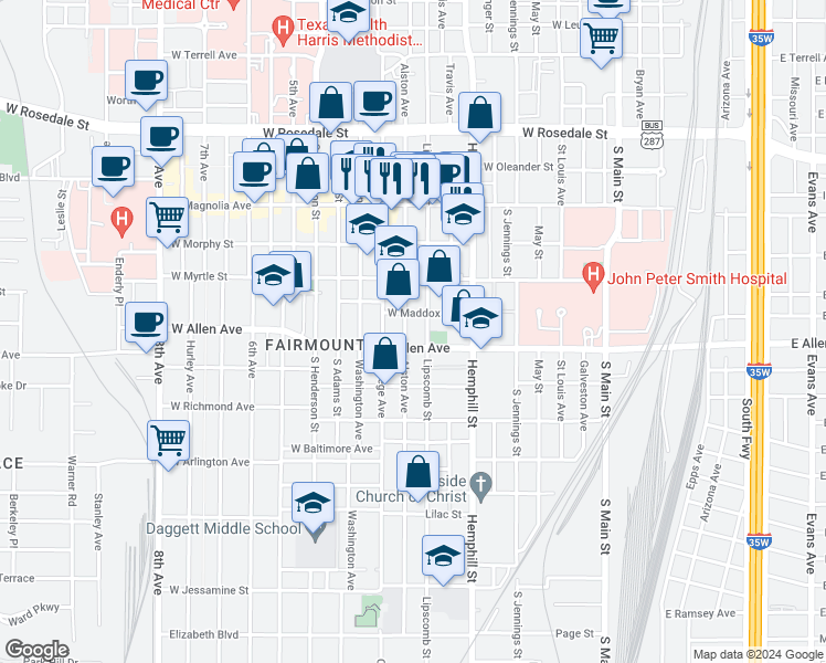 map of restaurants, bars, coffee shops, grocery stores, and more near 1600 Lipscomb Street in Fort Worth