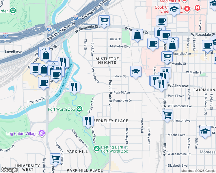 map of restaurants, bars, coffee shops, grocery stores, and more near 2301 Mistletoe Drive in Fort Worth