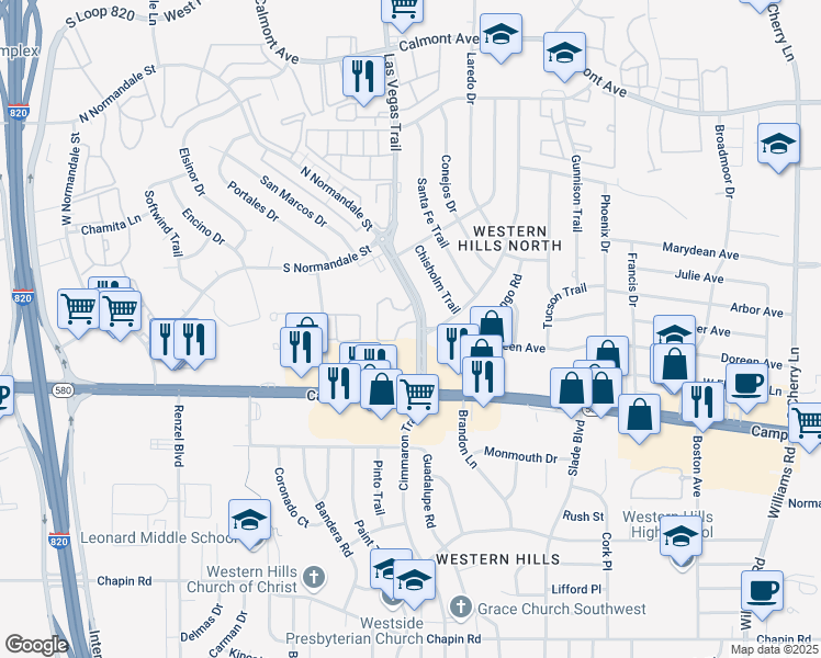 map of restaurants, bars, coffee shops, grocery stores, and more near 3300 Las Vegas Trail in Fort Worth