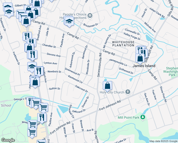 map of restaurants, bars, coffee shops, grocery stores, and more near 1073 Kentwood Circle in Charleston