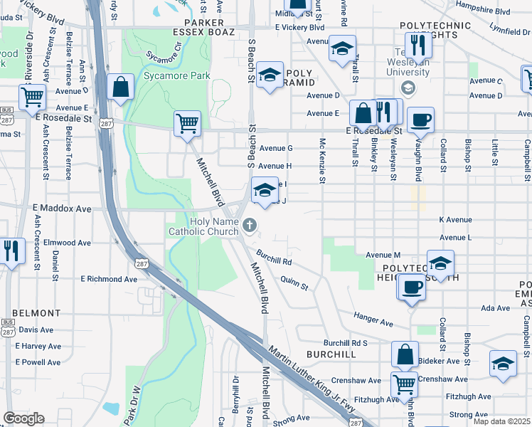 map of restaurants, bars, coffee shops, grocery stores, and more near 1801 South Beach Street in Fort Worth