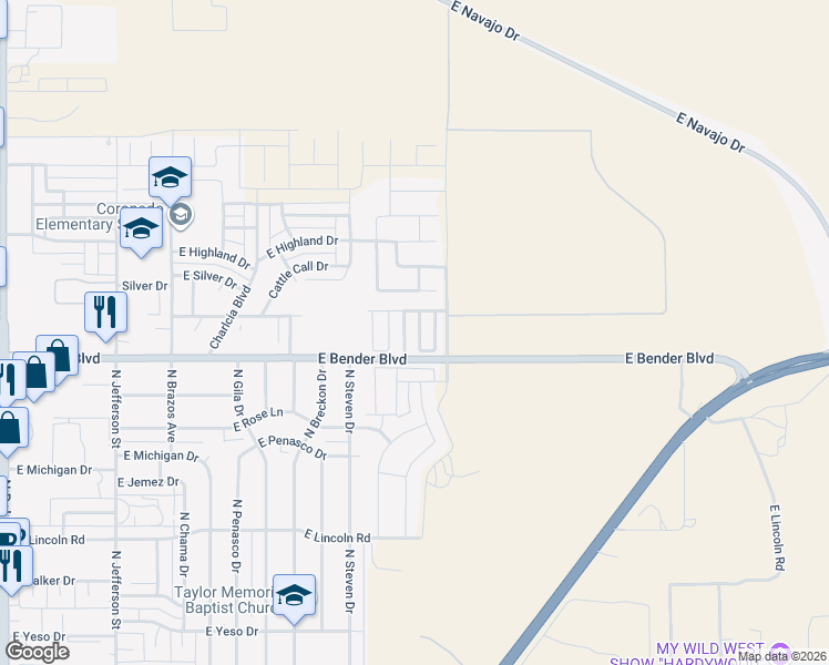 map of restaurants, bars, coffee shops, grocery stores, and more near 2326 North Juniper Lane in Hobbs