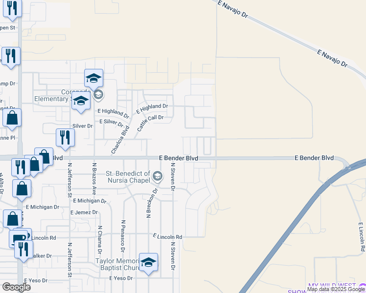 map of restaurants, bars, coffee shops, grocery stores, and more near 2318 North Mimosa Lane in Hobbs