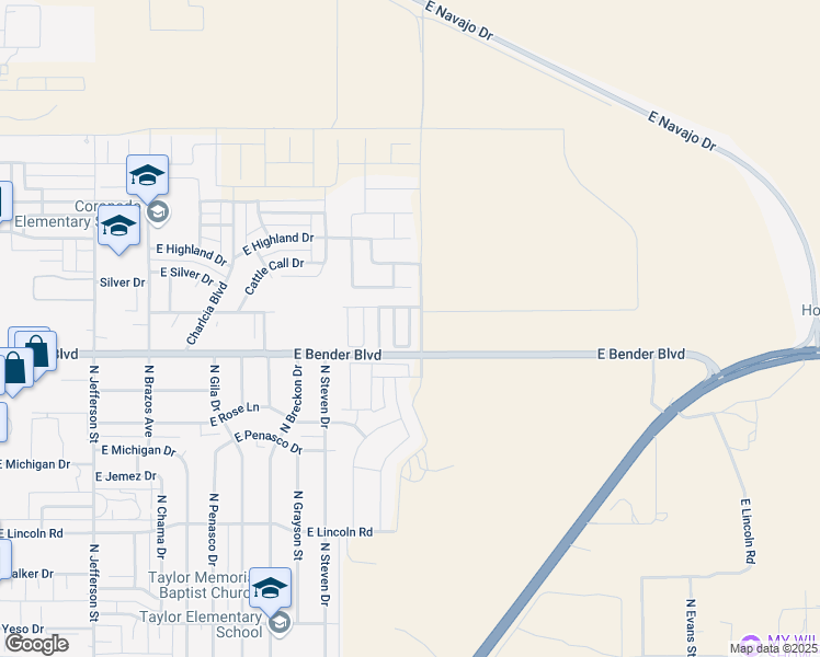 map of restaurants, bars, coffee shops, grocery stores, and more near 2307 North Mulberry Lane in Hobbs
