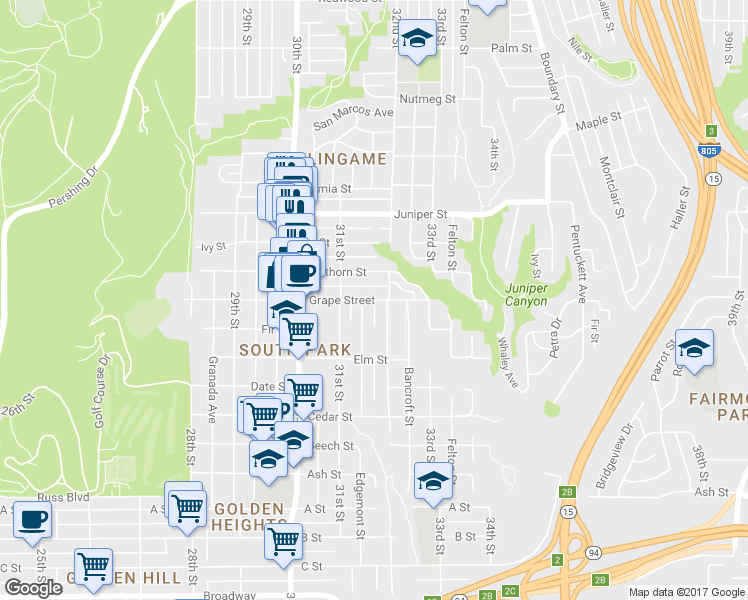map of restaurants, bars, coffee shops, grocery stores, and more near 3166 Grape St in San Diego