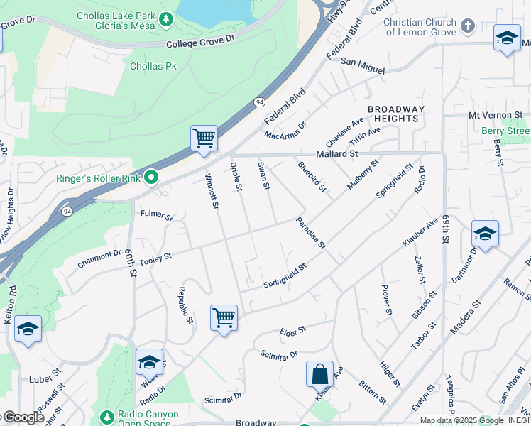 map of restaurants, bars, coffee shops, grocery stores, and more near 2012 Swan Street in San Diego
