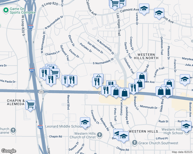 map of restaurants, bars, coffee shops, grocery stores, and more near 8803 Avril Court North in Fort Worth