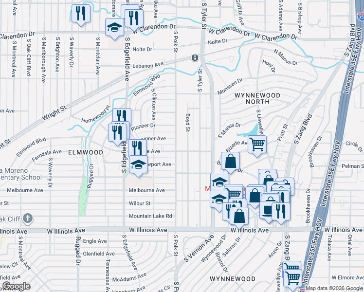 map of restaurants, bars, coffee shops, grocery stores, and more near 1102 Brunner Avenue in Dallas