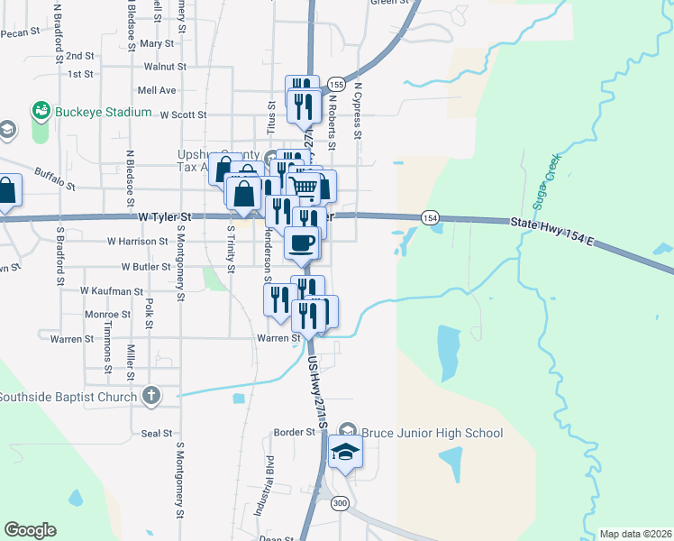map of restaurants, bars, coffee shops, grocery stores, and more near 301 South Roberts Street in Gilmer