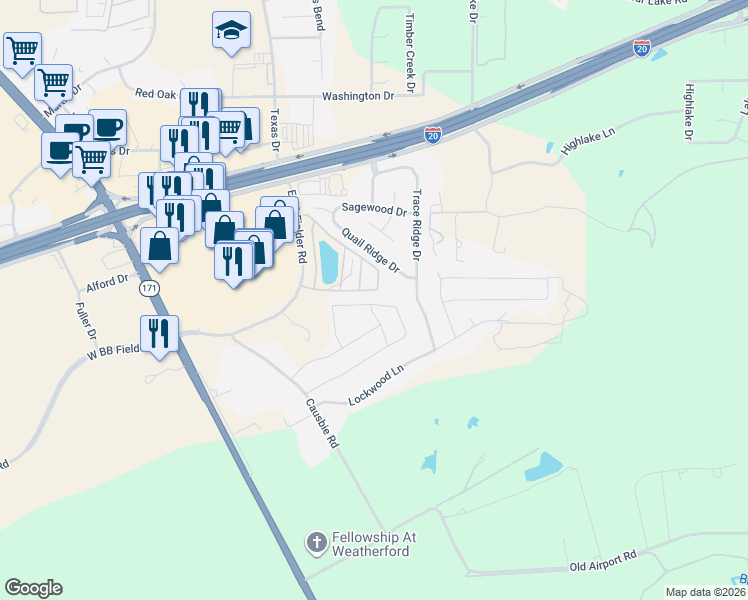 map of restaurants, bars, coffee shops, grocery stores, and more near 525 Paloma St in Weatherford