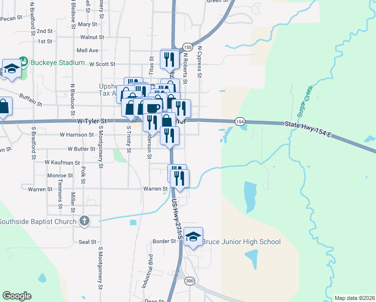 map of restaurants, bars, coffee shops, grocery stores, and more near 301 South Roberts Street in Gilmer