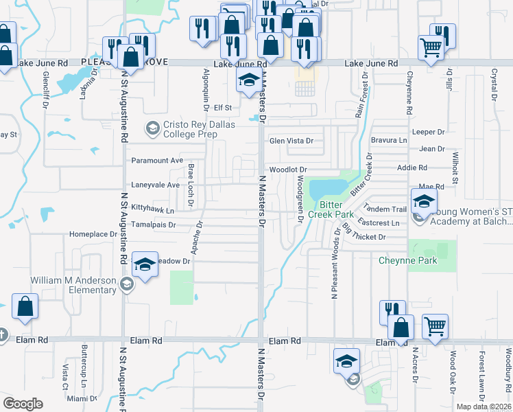 map of restaurants, bars, coffee shops, grocery stores, and more near 10135 Kittyhawk Lane in Dallas