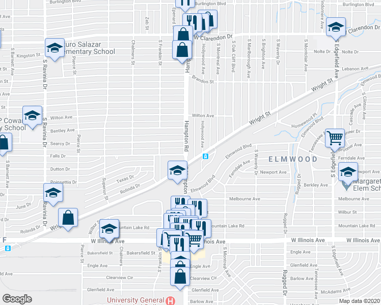 map of restaurants, bars, coffee shops, grocery stores, and more near 1718 South Hampton Road in Dallas