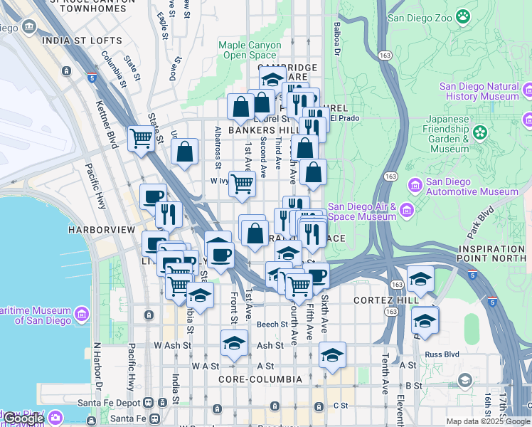 map of restaurants, bars, coffee shops, grocery stores, and more near in San Diego