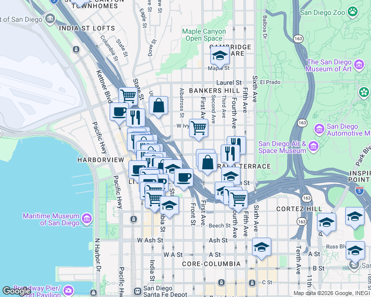 map of restaurants, bars, coffee shops, grocery stores, and more near in San Diego