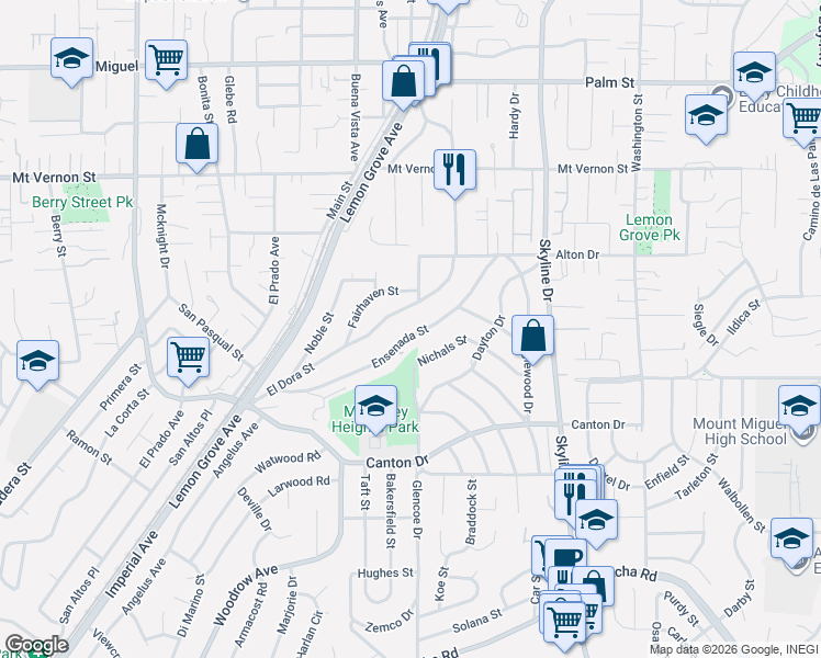 map of restaurants, bars, coffee shops, grocery stores, and more near 1992 Ensenada Street in Lemon Grove